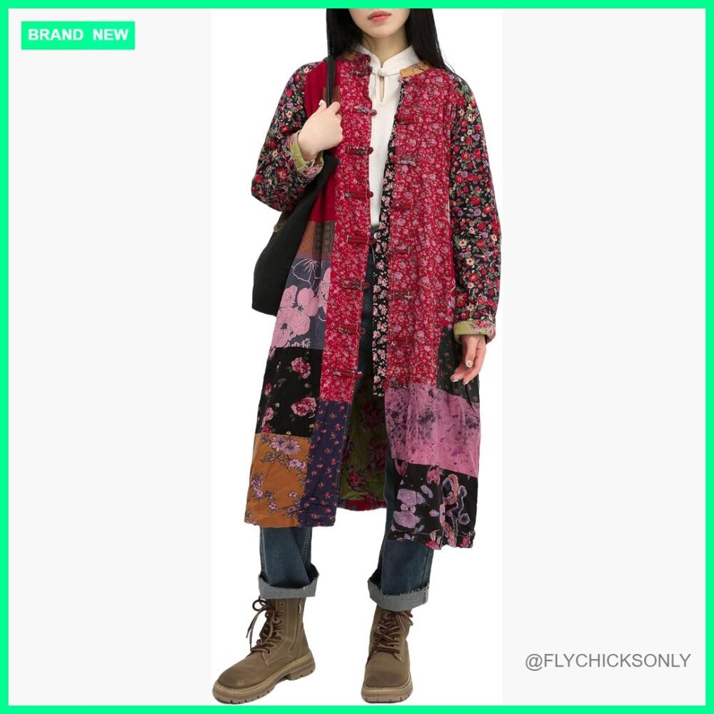 Cotton Linen Patchwork Long Jacket Casual Oversized Raglan Sleeves